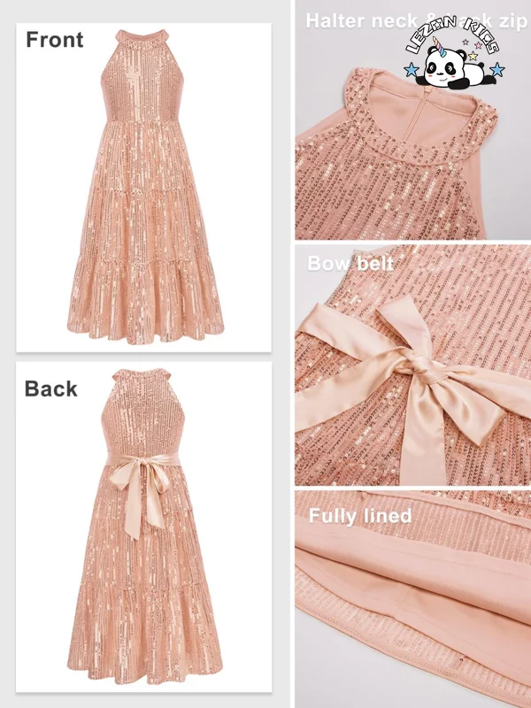 LEZONKIDS - Professional Factory Sleeveless Sequin Patches Long Skirt Kids Christmas Party Dress